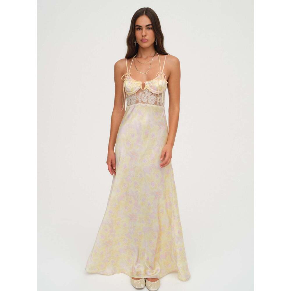 For Love & Lemons Pale Yellow and Lavender Maxi Dress